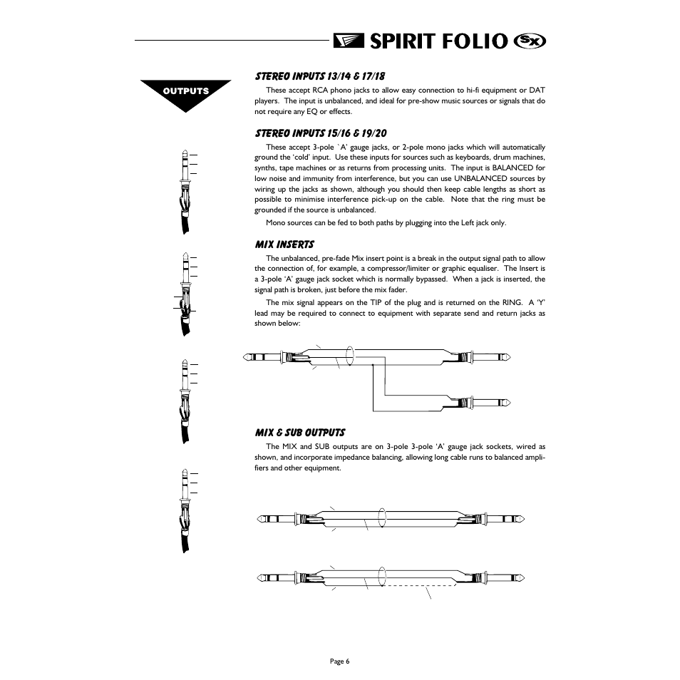 Mix inserts, Mix & sub outputs | Spirit FOLIO SX mixer User Manual | Page 7 / 32
