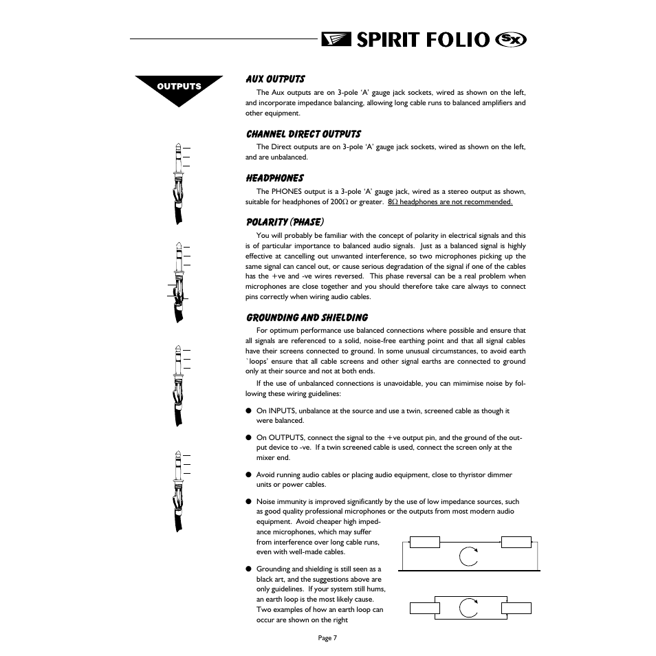 Aux outputs, Channel direct outputs, Headphones | Polarity (phase), Grounding and shielding | Spirit FOLIO SX mixer User Manual | Page 8 / 32