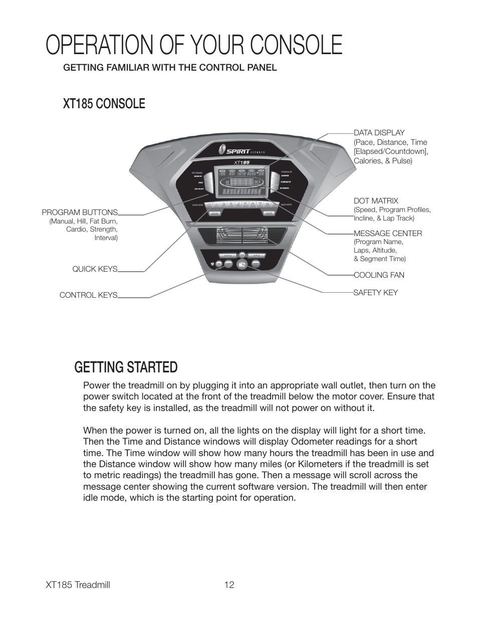 Operation of your console, Getting started, Xt185 console | Spirit XT185 User Manual | Page 14 / 27