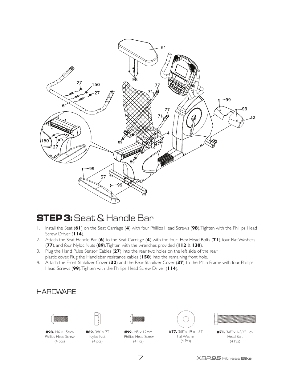 Step 3: seat & handle bar, Hardware | Spirit XBR95 User Manual | Page 11 / 34