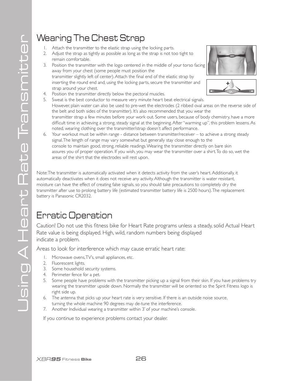 Using a heart r ate t ransmitter, Wearing the chest strap, Erratic operation | Spirit XBR95 User Manual | Page 30 / 34