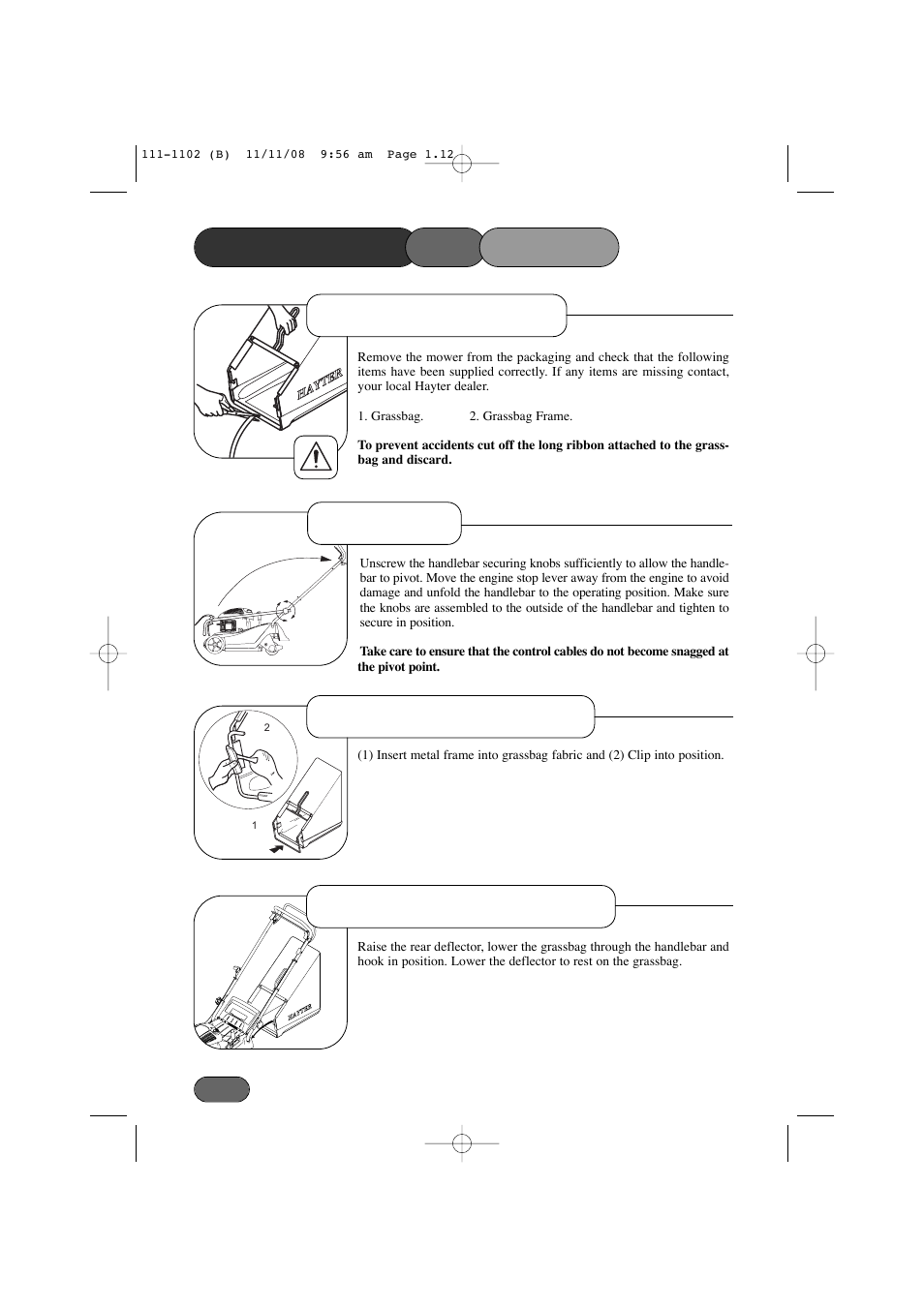 Assembling the mower, Handlebar delivery checklist grassbag attachment, Grassbag assembly | Spirit 619E User Manual | Page 12 / 40