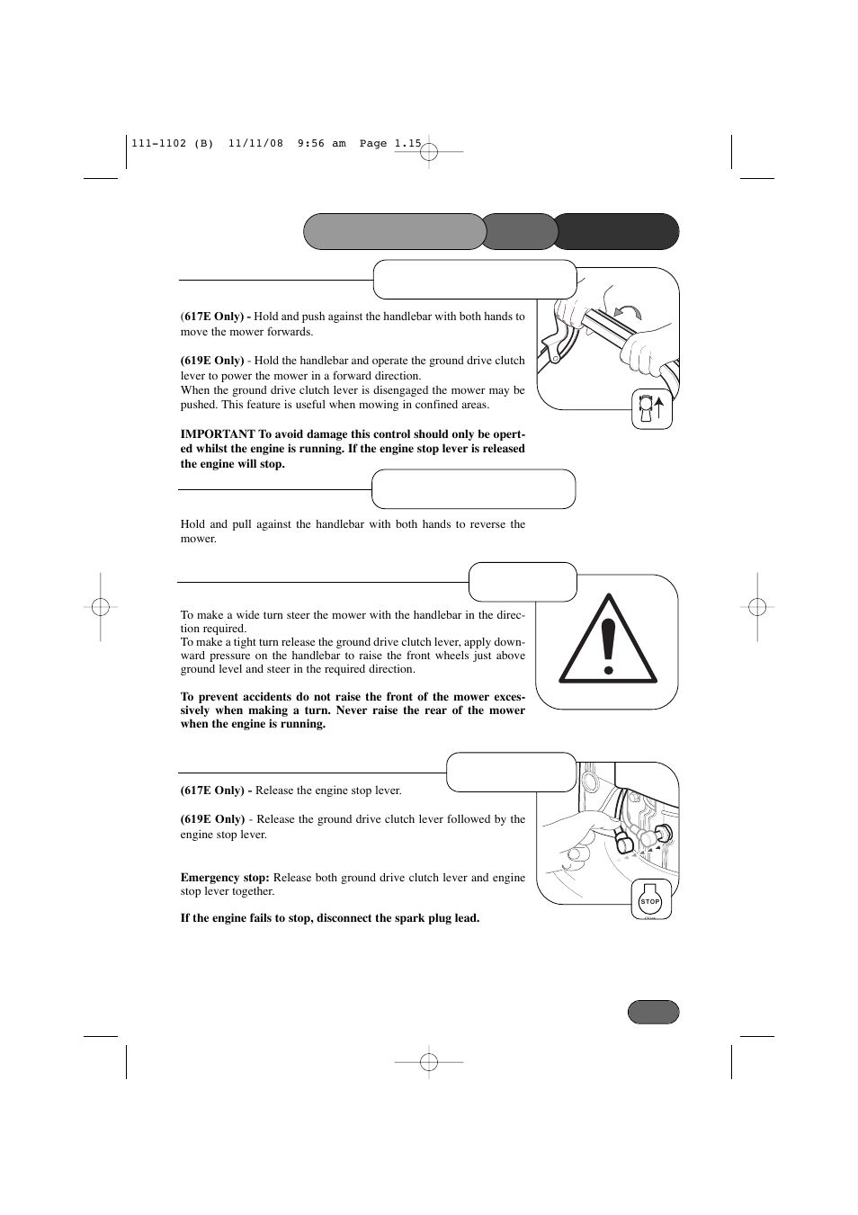 Mower the operating, Forward travel turning stopping, Reverse travel | Spirit 619E User Manual | Page 15 / 40