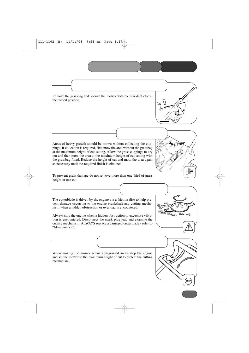 Friction disc, Non-grassed areas, Mower the operating without grass collection | Heavy growth | Spirit 619E User Manual | Page 17 / 40