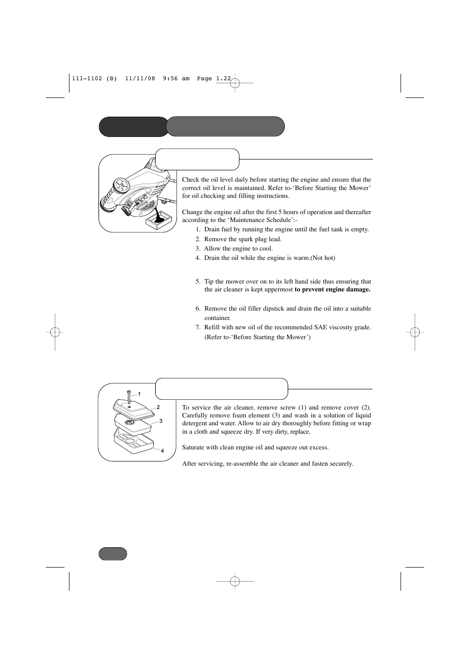Mower oil service air cleaner service maintenance | Spirit 619E User Manual | Page 22 / 40
