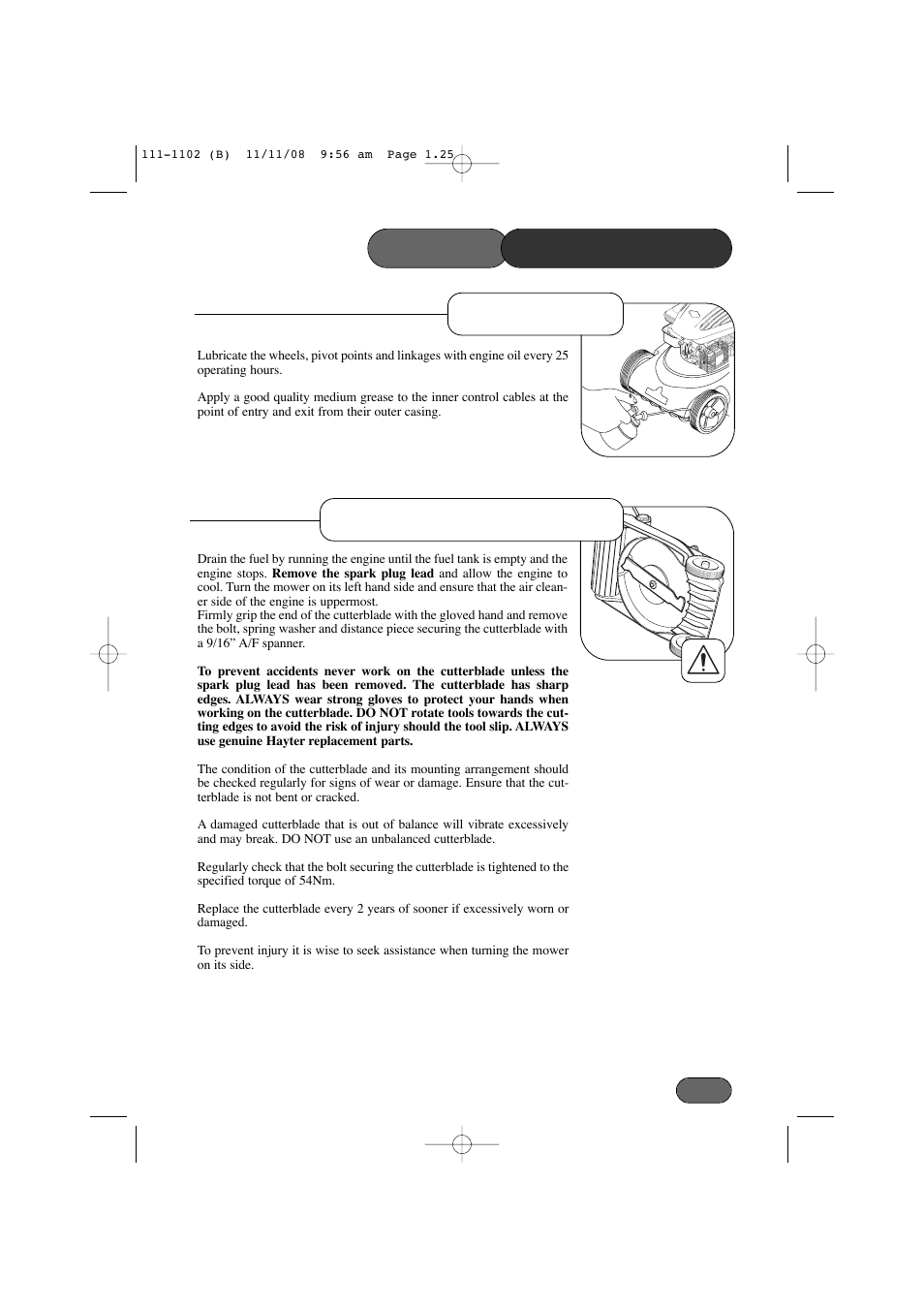 Lubrication mower maintenance, Cutterblade removal | Spirit 619E User Manual | Page 25 / 40