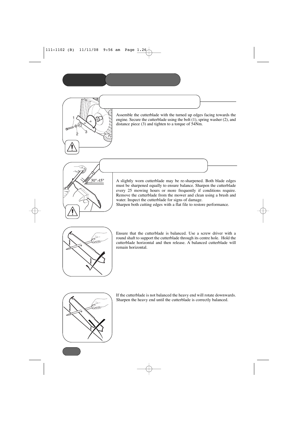 Mower maintenance cutterblade sharpening, Cutterblade assembly | Spirit 619E User Manual | Page 26 / 40