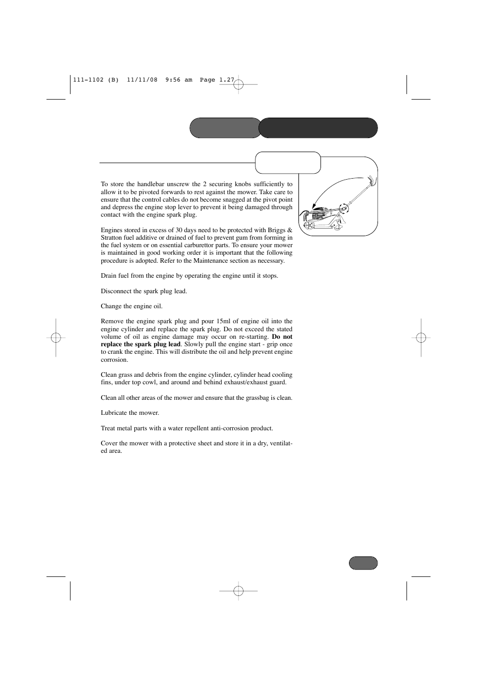 Mower maintenance storage | Spirit 619E User Manual | Page 27 / 40
