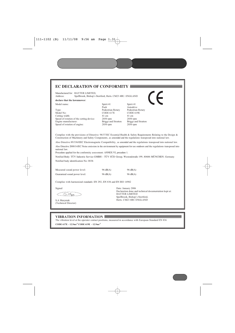 Conformity of declaration, Ec declaration of conformity | Spirit 619E User Manual | Page 31 / 40