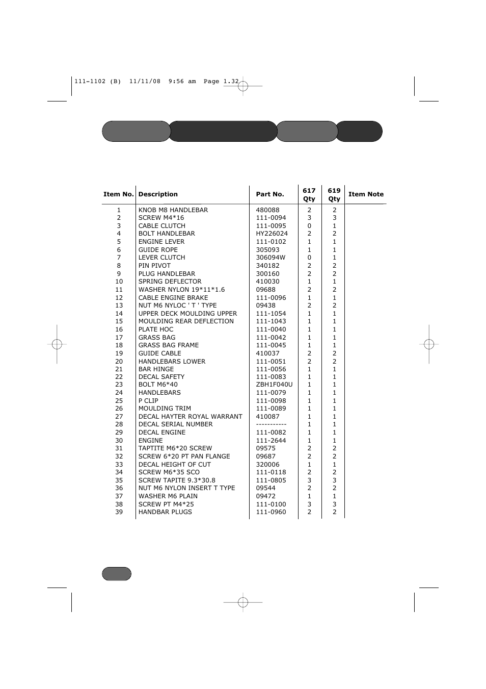 List parts mainframe upper | Spirit 619E User Manual | Page 32 / 40