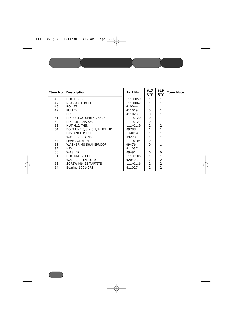 Lower mainframe parts list | Spirit 619E User Manual | Page 36 / 40
