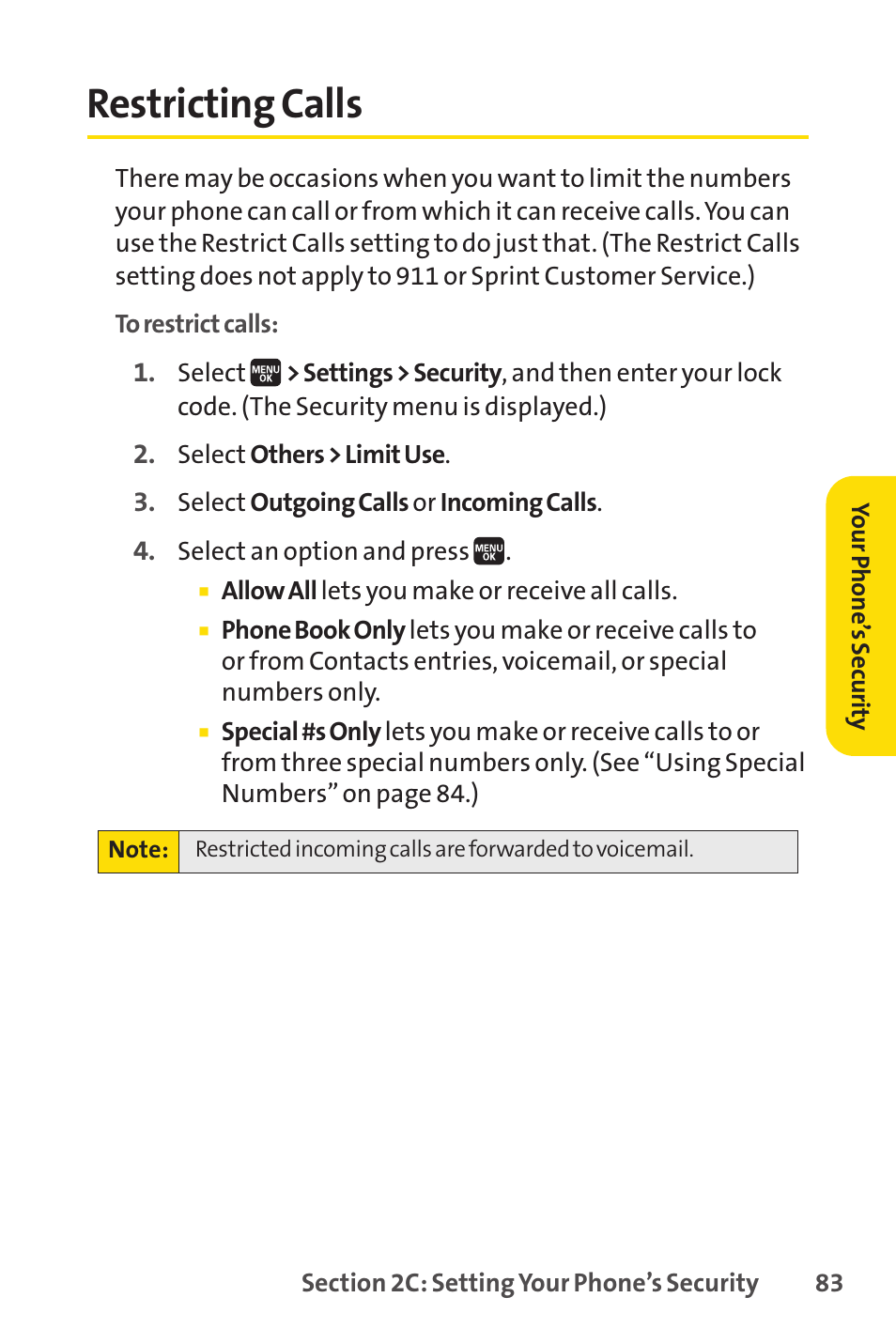 Restricting calls | Spirit M1 User Manual | Page 101 / 351