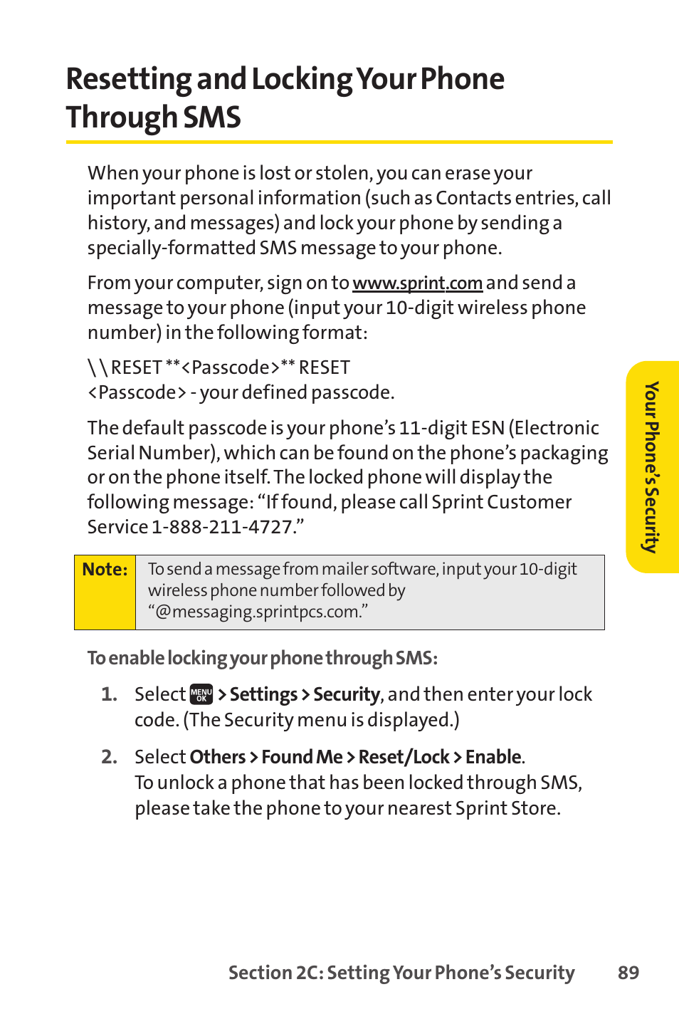 Resetting and locking your phone through sms | Spirit M1 User Manual | Page 107 / 351