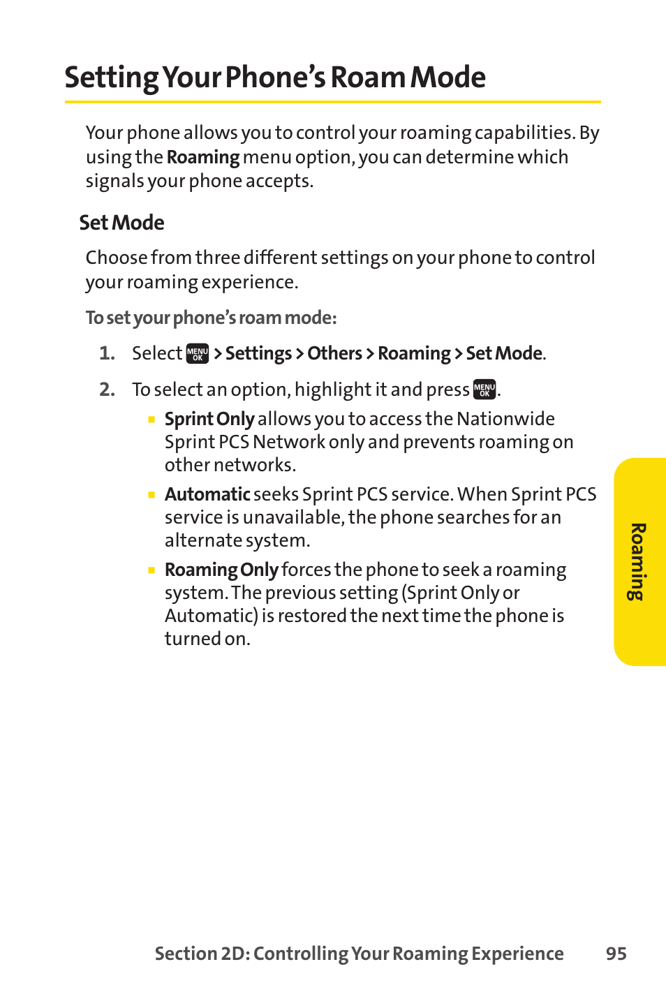 Setting your phone's roam mode, Setting your phone’s roam mode, Settingyour phone’s roam mode | Spirit M1 User Manual | Page 113 / 351