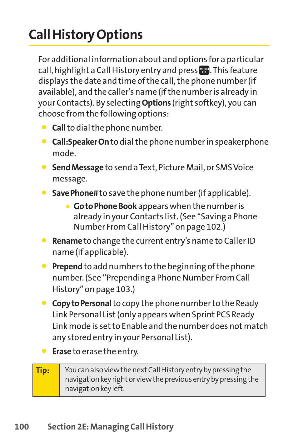 Call history options | Spirit M1 User Manual | Page 118 / 351