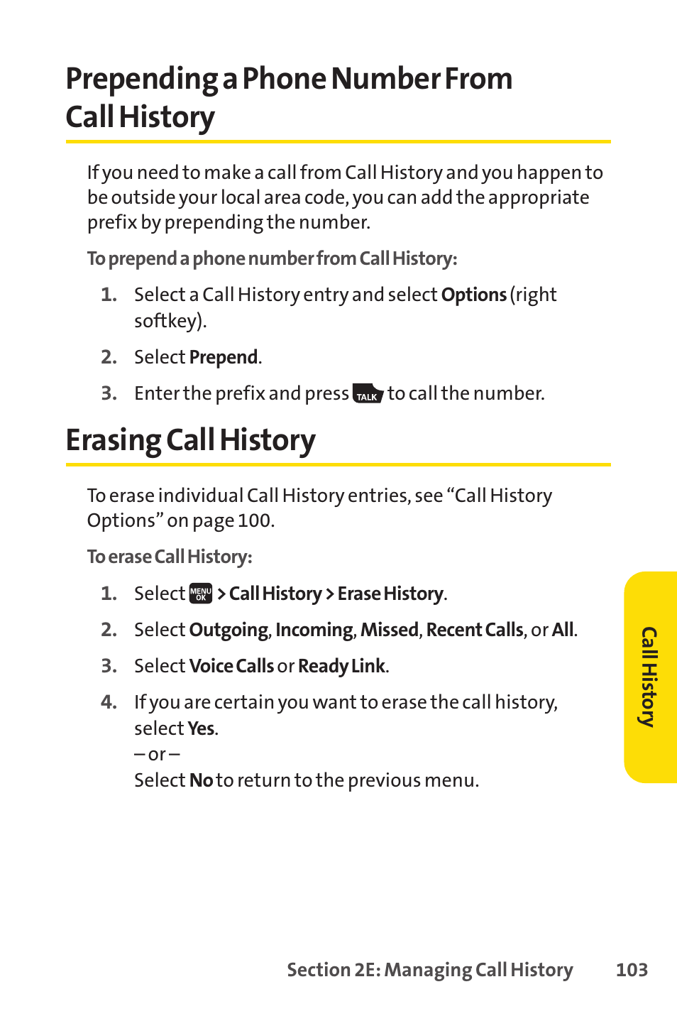 Prepending a phone number from call history, Erasing call history | Spirit M1 User Manual | Page 121 / 351