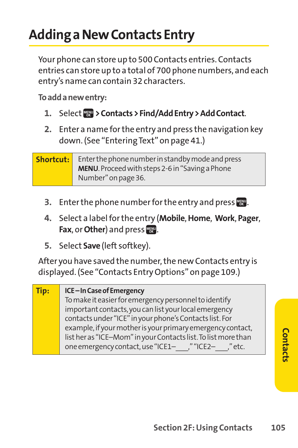 Adding a new contacts entry | Spirit M1 User Manual | Page 123 / 351