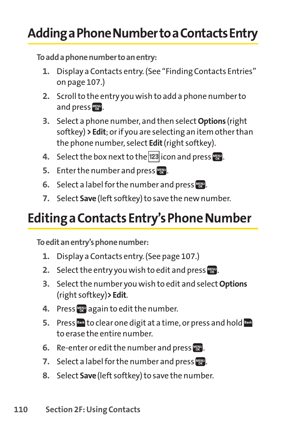 Adding a phone number to a contacts entry, Editing a contacts entry's phone number, Adding a phone numberto a contacts entry | Editing a contacts entry’s phone number | Spirit M1 User Manual | Page 128 / 351