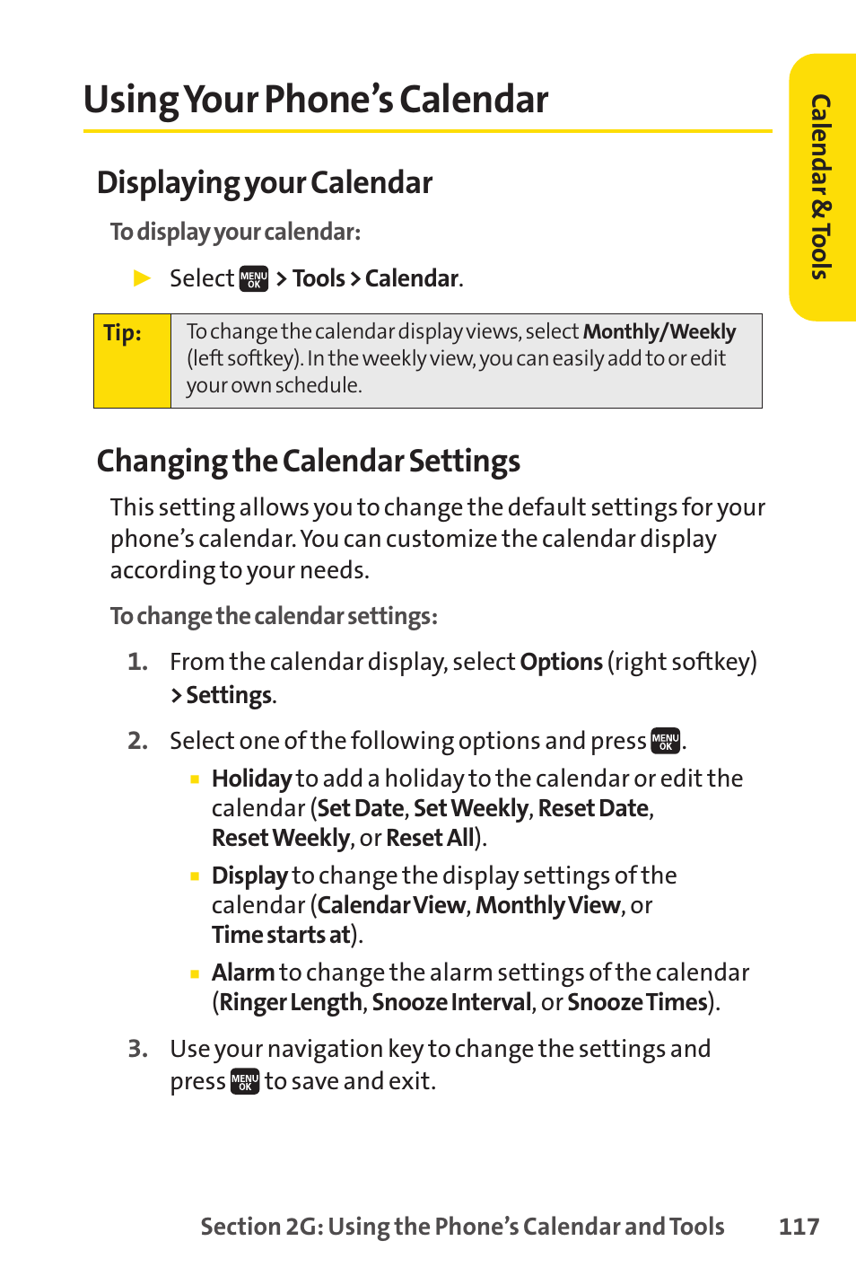 Using your phone's calendar, Using your phone’s calendar, Displaying your calendar | Changing the calendar settings | Spirit M1 User Manual | Page 135 / 351