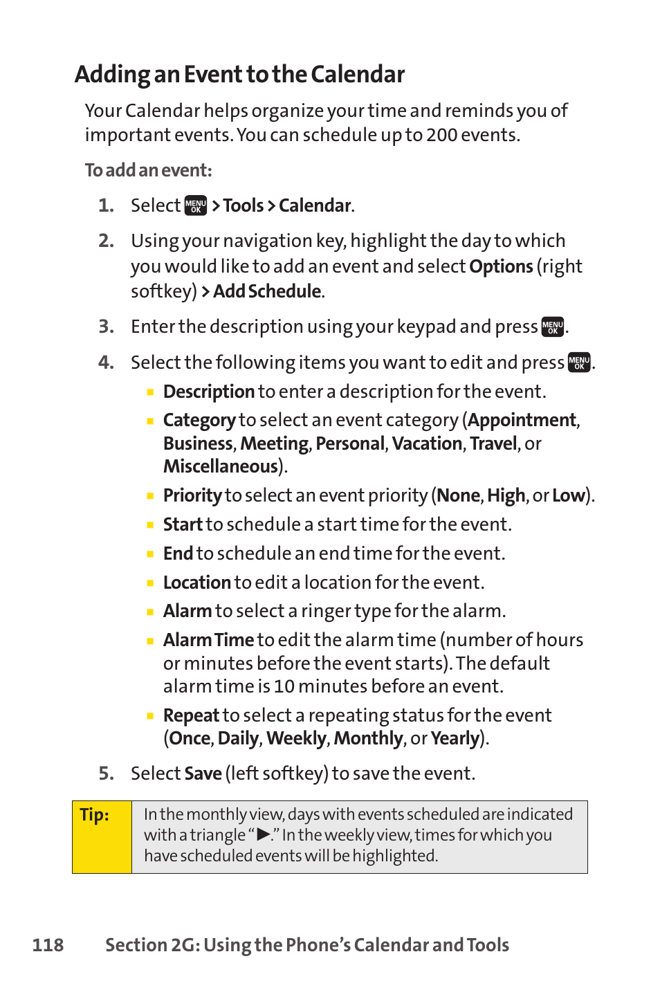 Adding an event to the calendar | Spirit M1 User Manual | Page 136 / 351