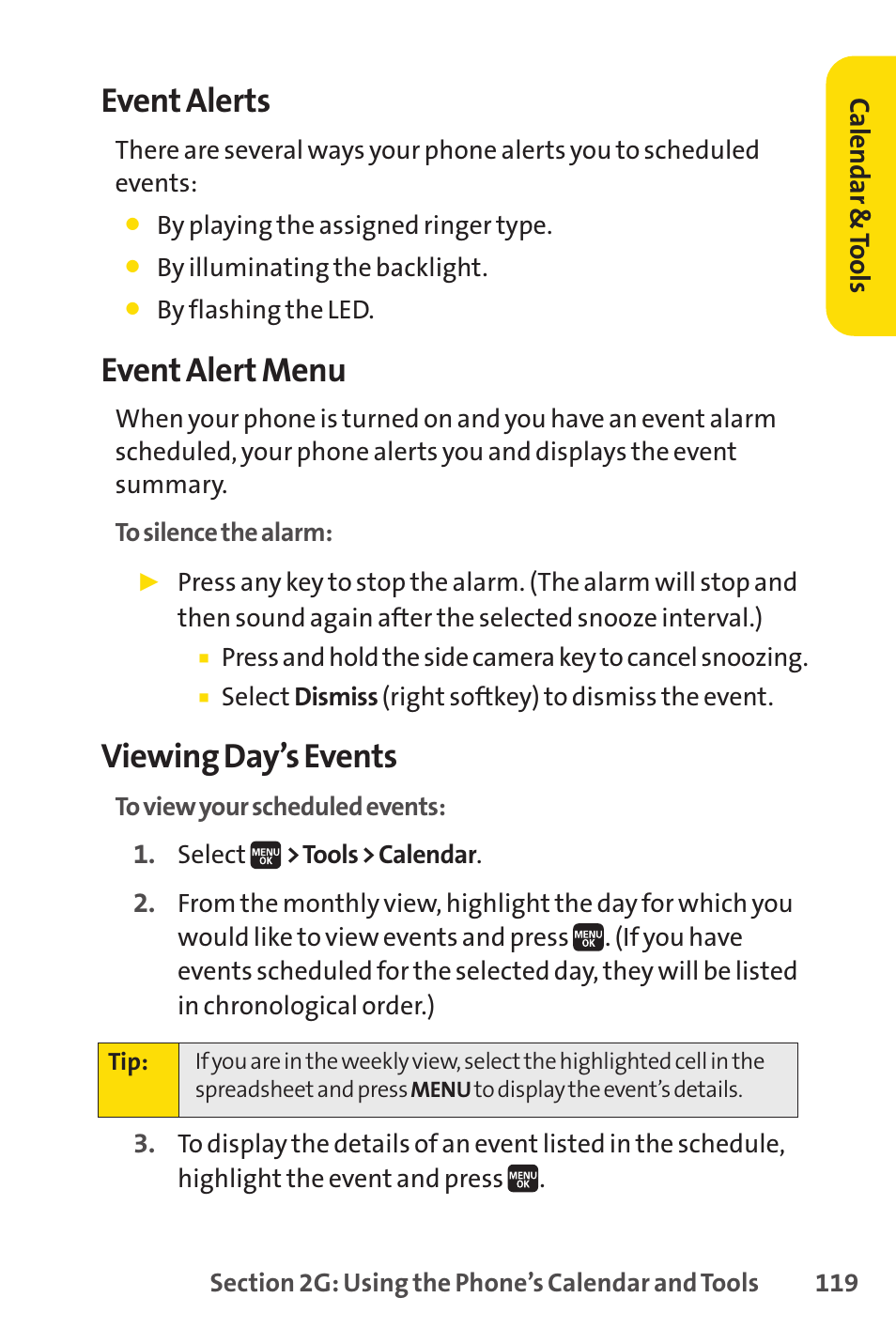 Event alerts, Event alert menu, Viewing day’s events | Spirit M1 User Manual | Page 137 / 351