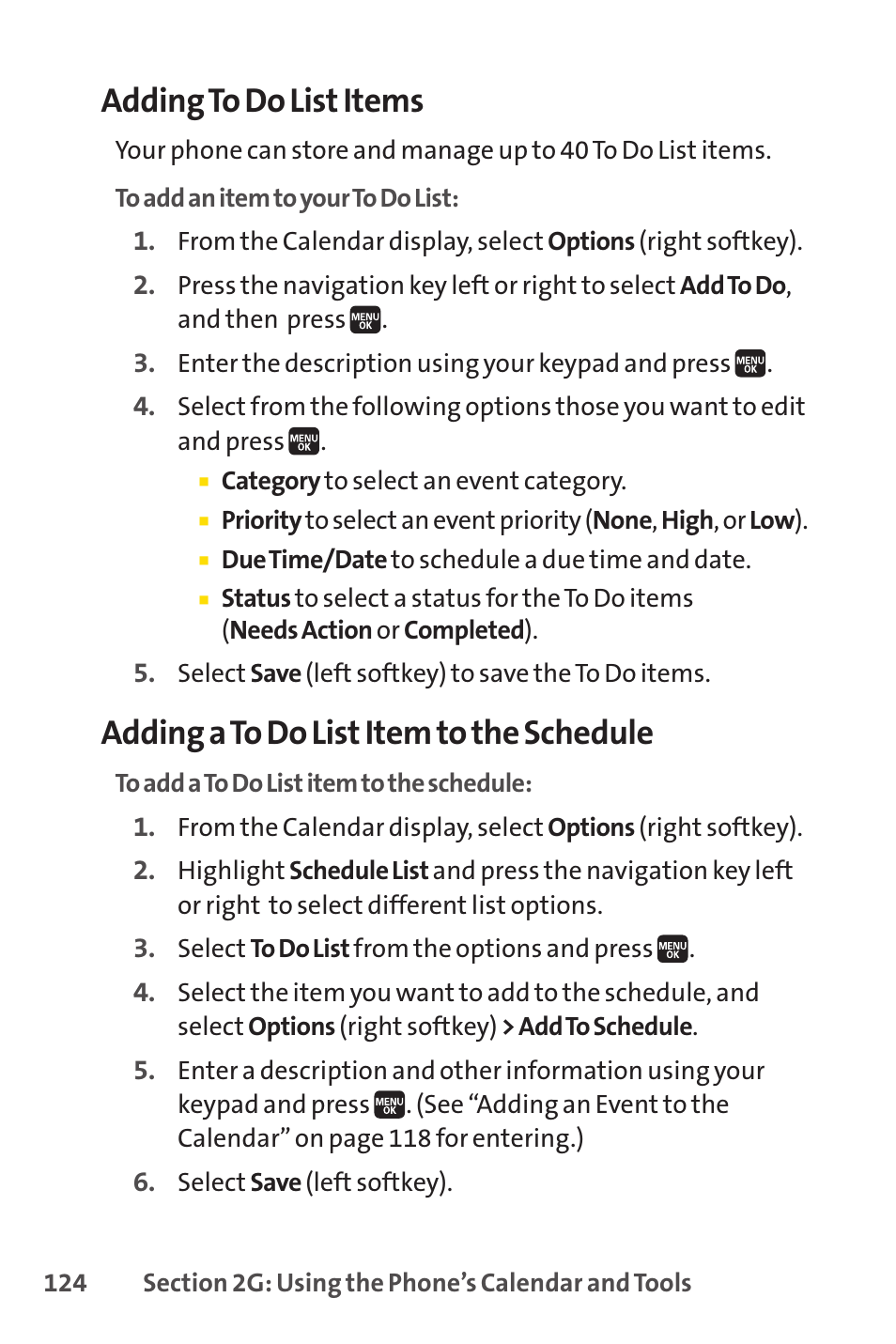 Adding to do list items, Adding a to do list item to the schedule | Spirit M1 User Manual | Page 142 / 351