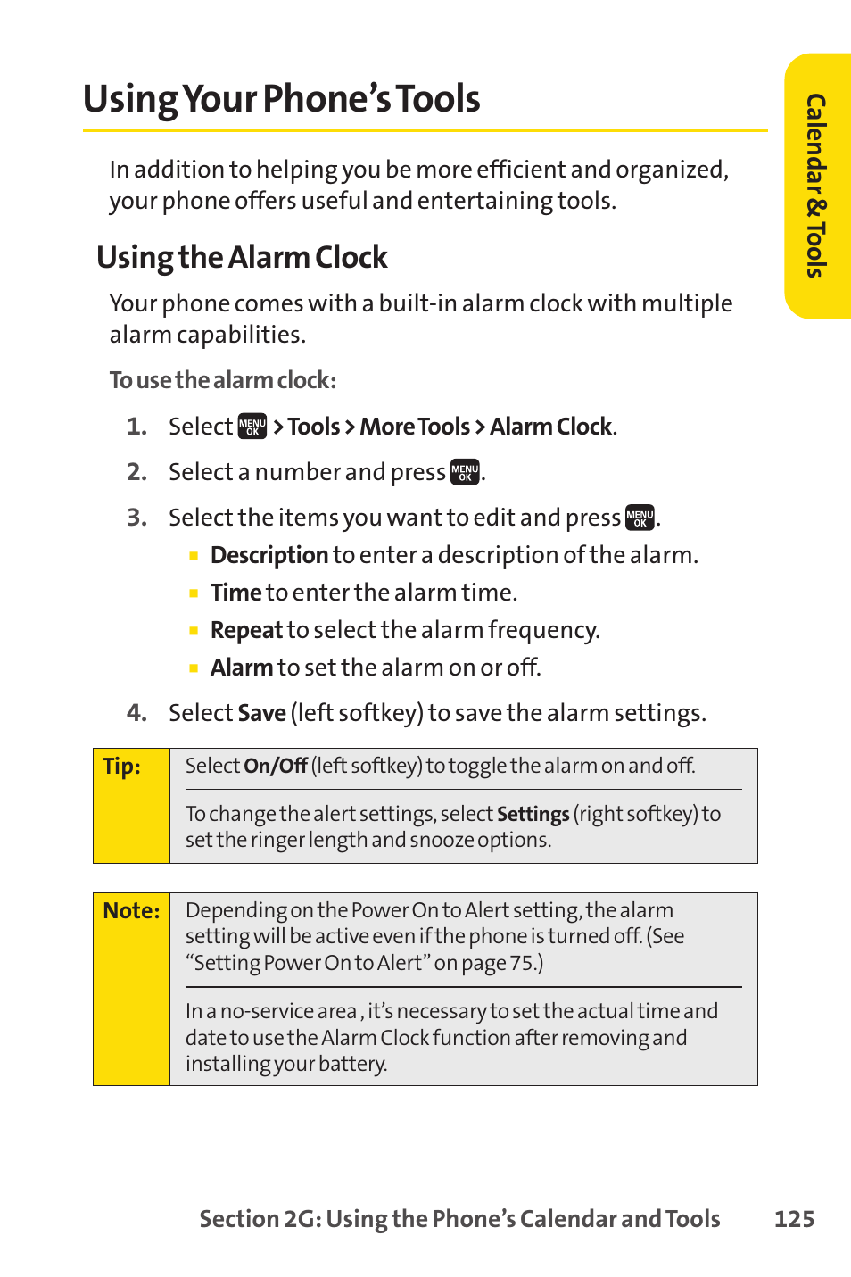 Using your phone's tools, Using your phone’s tools, Using the alarm clock | Spirit M1 User Manual | Page 143 / 351