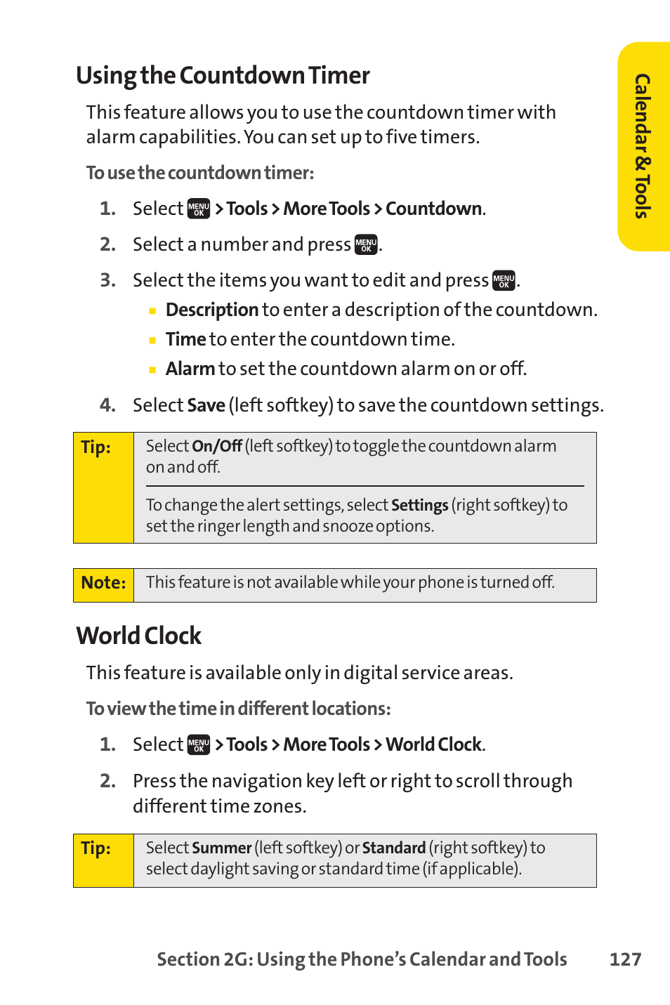 Using the countdown timer, World clock | Spirit M1 User Manual | Page 145 / 351