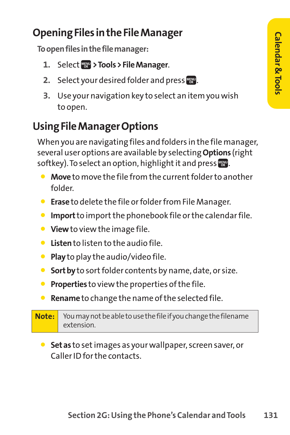 Opening files in the file manager, Using file manager options, Ca le n da r& to ols | Spirit M1 User Manual | Page 149 / 351