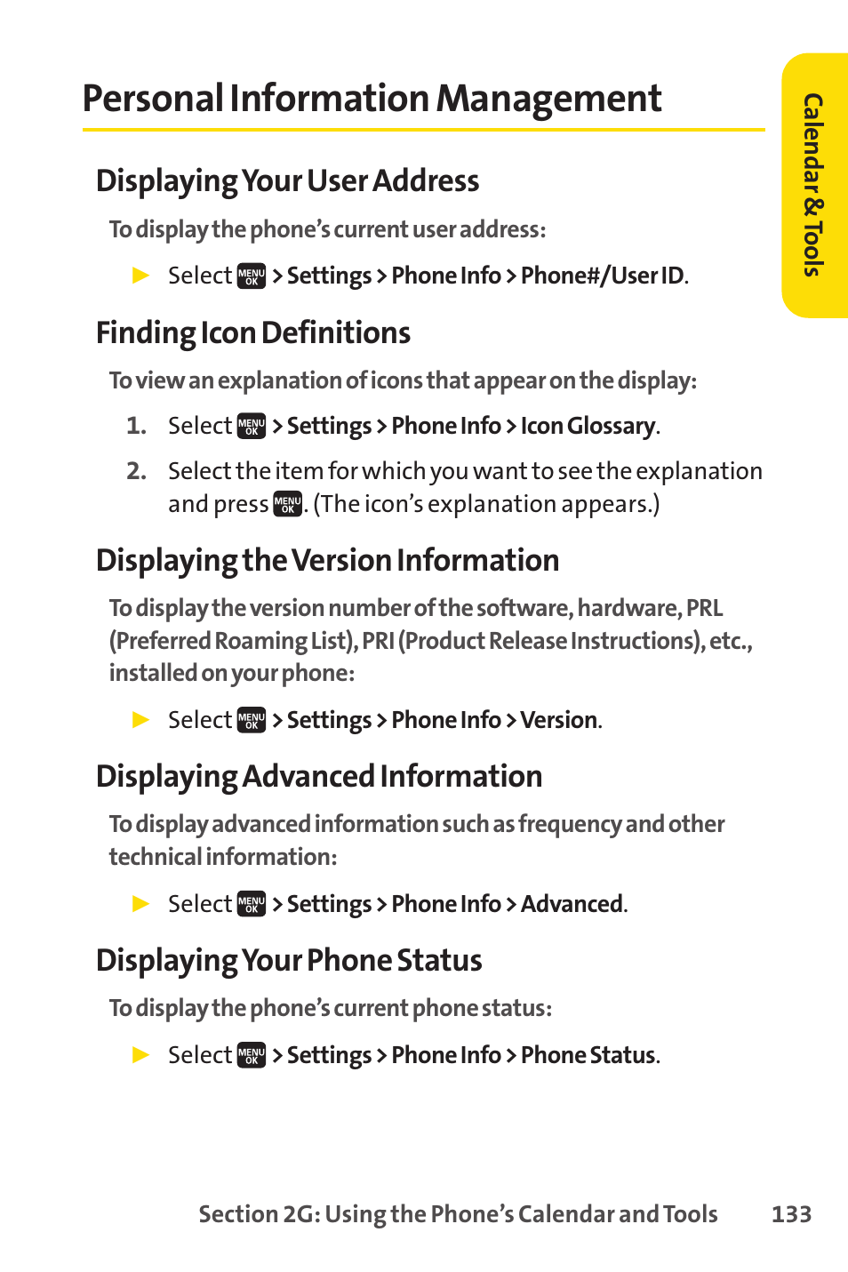 Personal information management, Displaying your user address, Finding icon definitions | Displaying the version information, Displaying advanced information, Displaying your phone status | Spirit M1 User Manual | Page 151 / 351