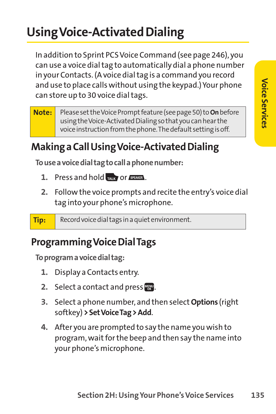 Using voice-activated dialing, Making a call using voice-activated dialing, Programming voice dial tags | Spirit M1 User Manual | Page 153 / 351