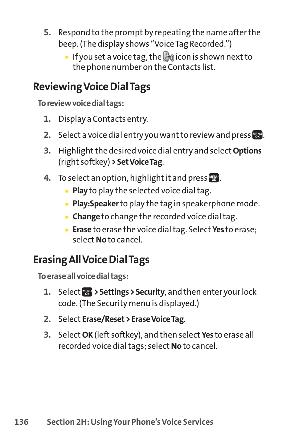 Reviewing voice dial tags, Erasing all voice dial tags | Spirit M1 User Manual | Page 154 / 351