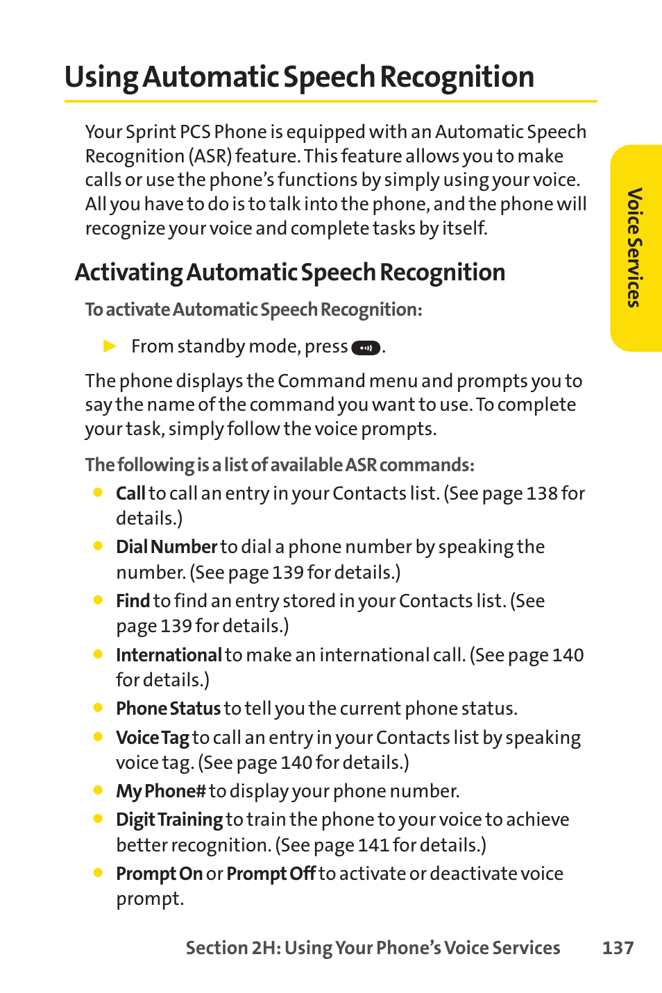 Using automatic speech recognition, Activating automatic speech recognition, Voic e se rv ice s | Spirit M1 User Manual | Page 155 / 351