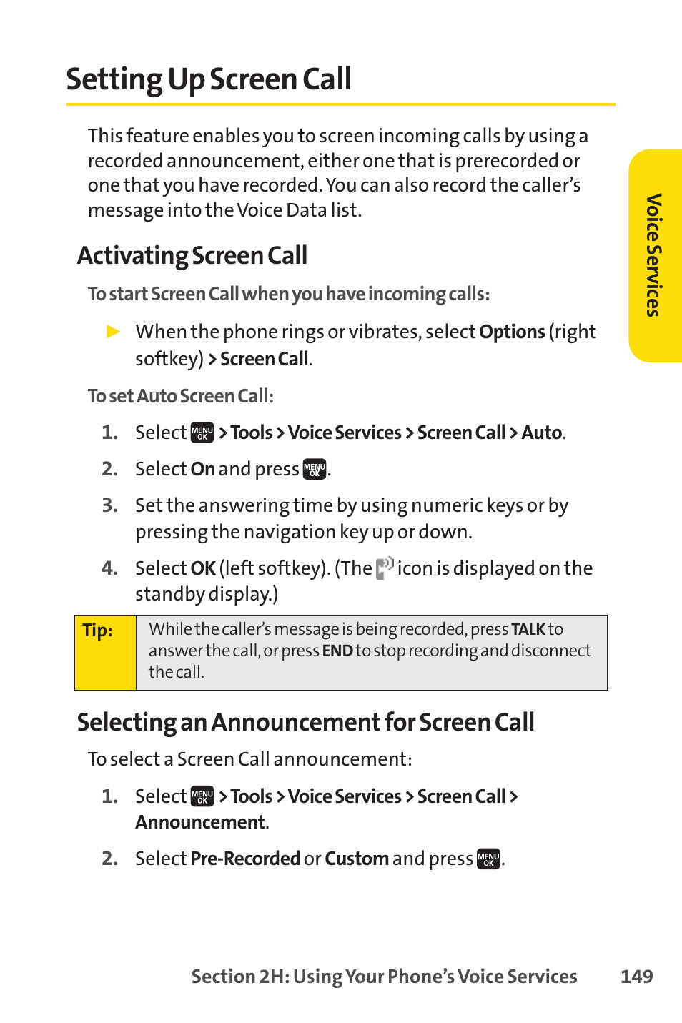 Setting up screen call, Activating screen call, Selecting an announcement for screen call | Spirit M1 User Manual | Page 167 / 351