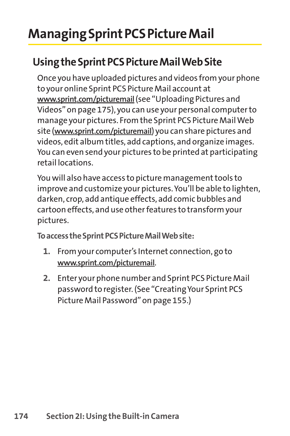Managing sprint pcs picture mail, Using the sprint pcs picture mail web site | Spirit M1 User Manual | Page 192 / 351