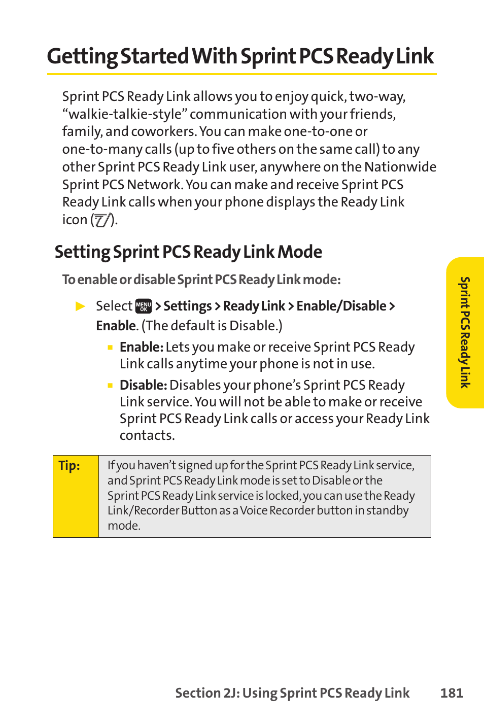 Getting started with sprint sprint pcs ready link, Getting started with sprint pcs ready link, Getting started with sprintpcs ready link | Setting sprint pcs ready link mode | Spirit M1 User Manual | Page 199 / 351