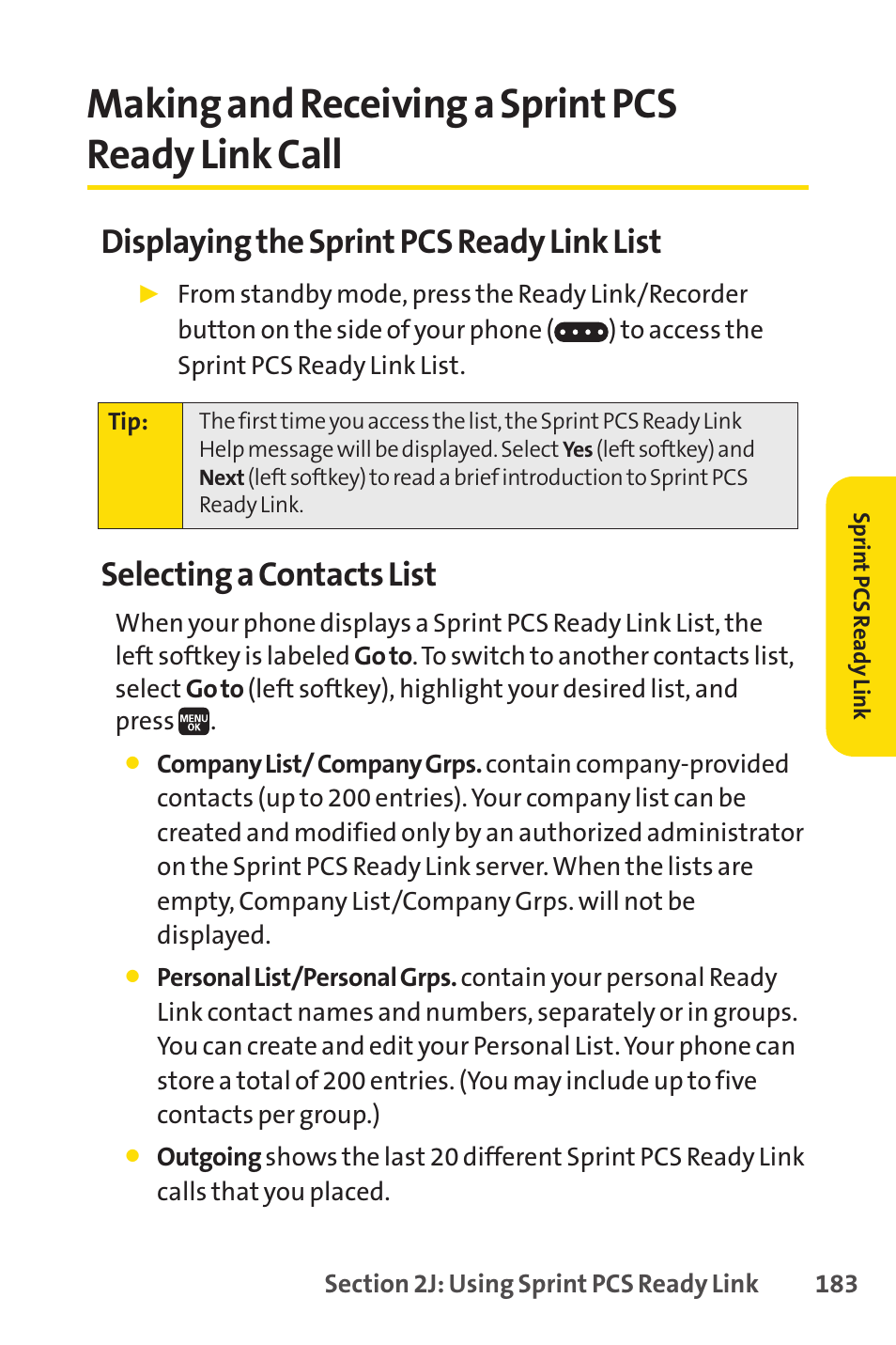 Making and receiving a sprint pcs ready link call, Displaying the sprint pcs ready link list, Selecting a contacts list | Spirit M1 User Manual | Page 201 / 351