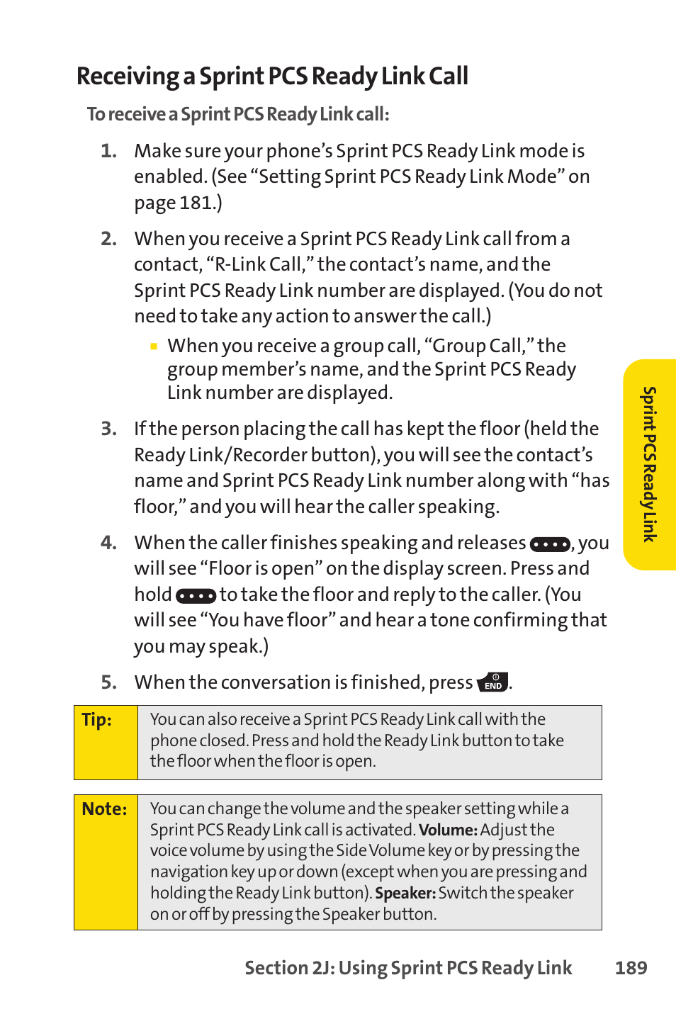 Receiving a sprint pcs ready link call | Spirit M1 User Manual | Page 207 / 351