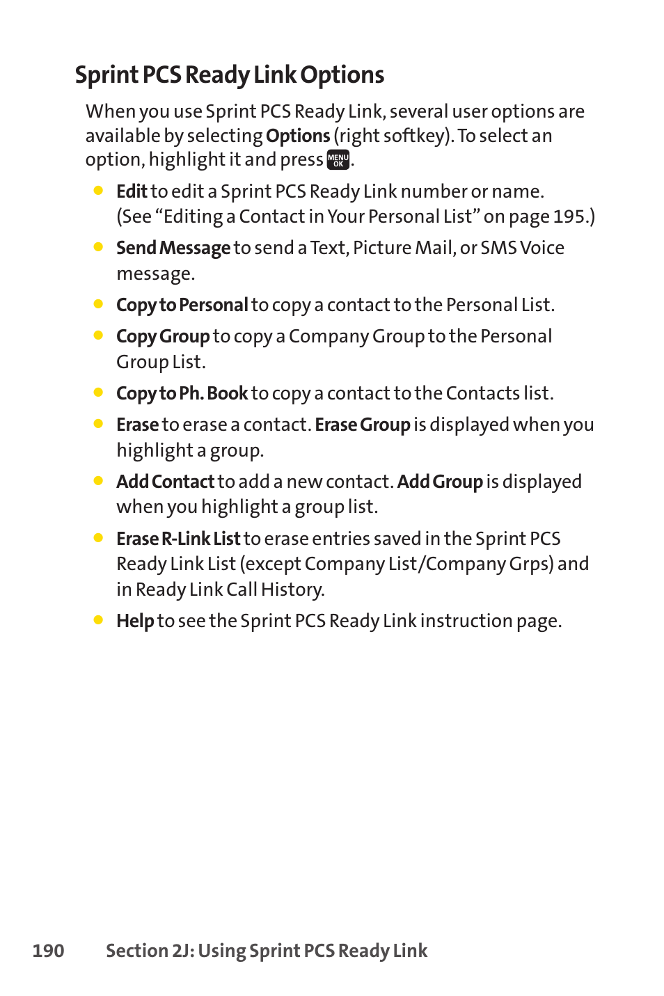 Sprint pcs ready link options | Spirit M1 User Manual | Page 208 / 351