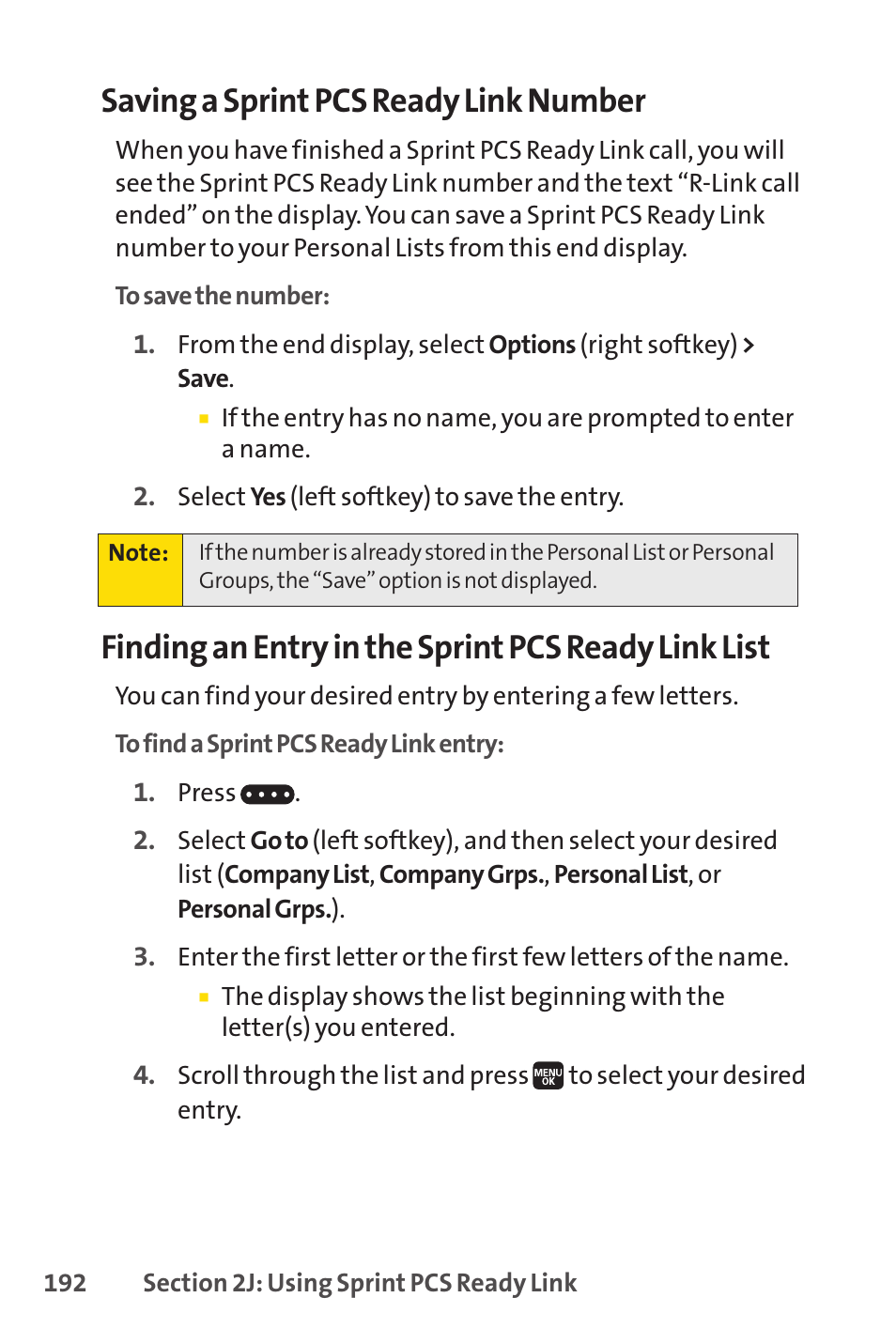 Saving a sprint pcs ready link number, Finding an entry in the sprint pcs ready link list | Spirit M1 User Manual | Page 210 / 351