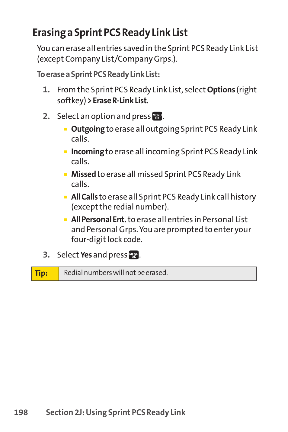 Erasing a sprint pcs ready link list | Spirit M1 User Manual | Page 216 / 351