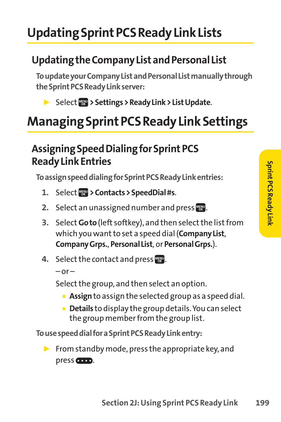 Updating sprint pcs ready link lists, Managing sprint pcs ready link settings, Updating the company list and personal list | Spirit M1 User Manual | Page 217 / 351