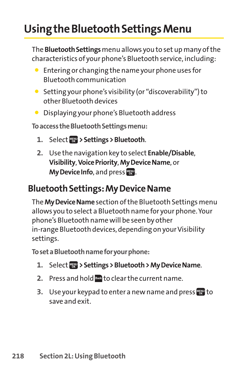 Using the bluetooth settings menu, Bluetooth settings: my device name | Spirit M1 User Manual | Page 236 / 351