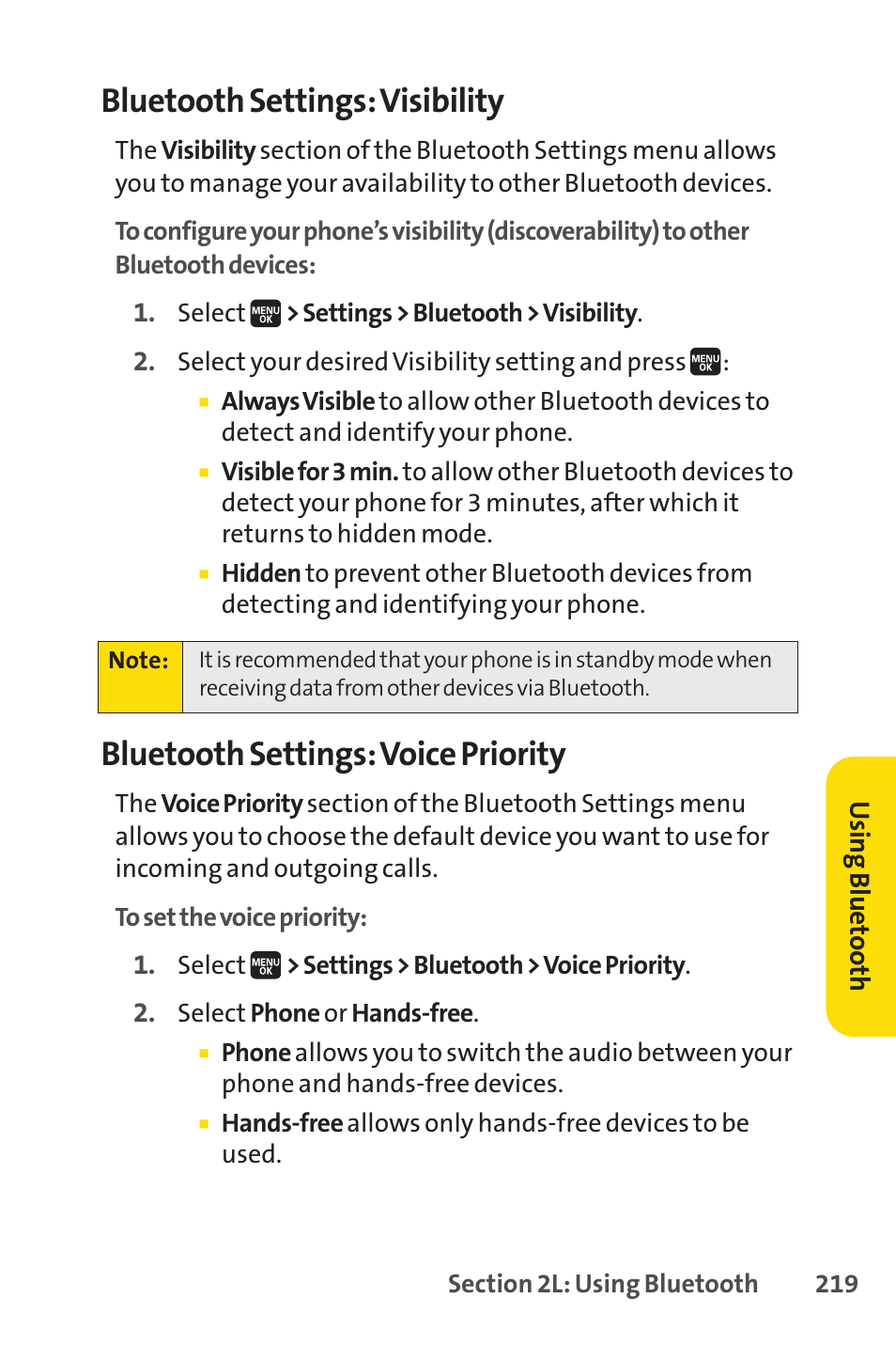 Bluetooth settings: visibility, Bluetooth settings: voice priority | Spirit M1 User Manual | Page 237 / 351