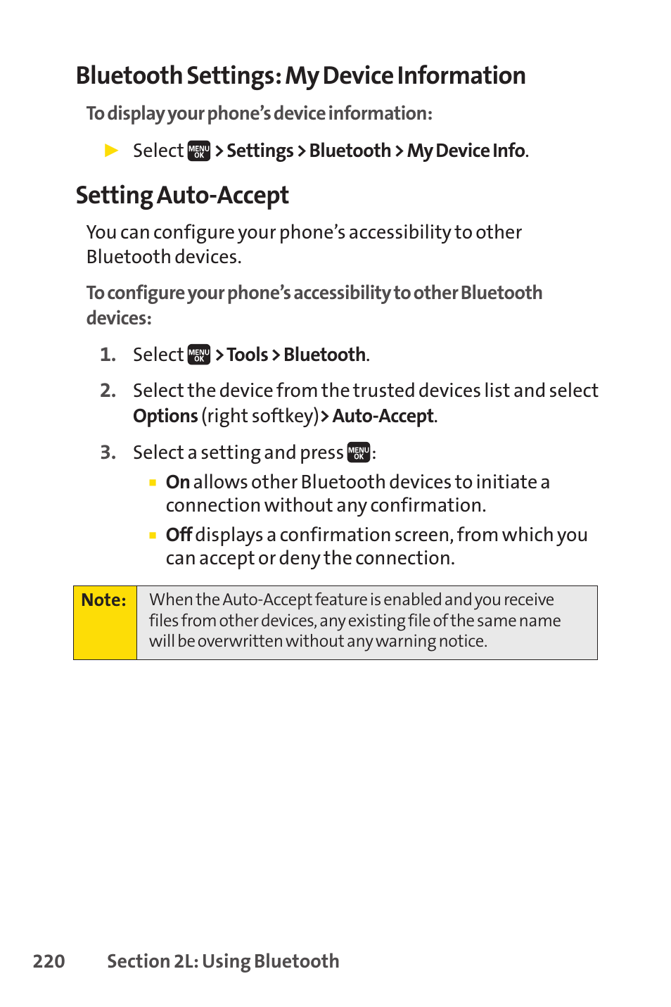 Bluetooth settings: my device information, Setting auto-accept | Spirit M1 User Manual | Page 238 / 351