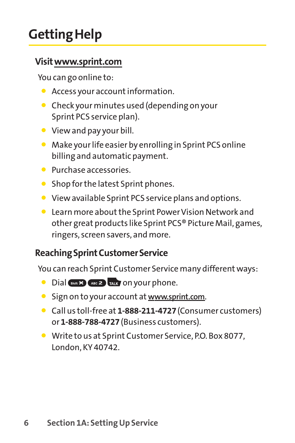 Getting help, Reaching sprint customer service | Spirit M1 User Manual | Page 24 / 351