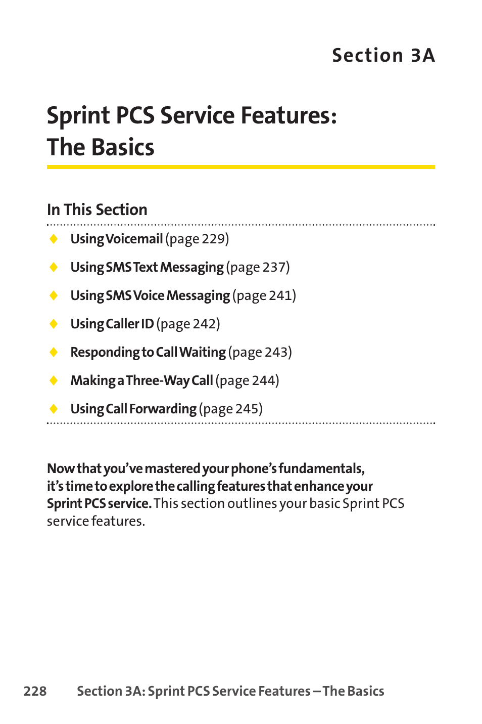 Sprint pcs service features:the basics, Sprint pcs service features: the basics | Spirit M1 User Manual | Page 246 / 351