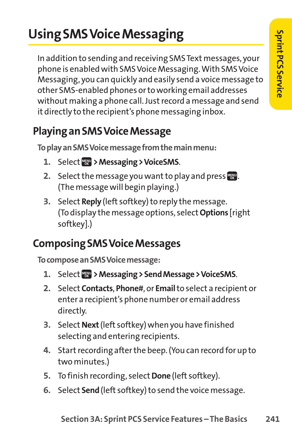 Using sms voice messaging, Playing an sms voice message, Composing sms voice messages | Spirit M1 User Manual | Page 259 / 351