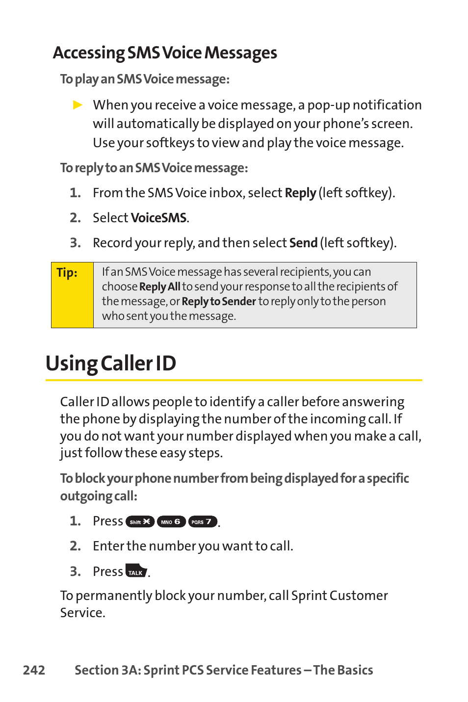 Using caller id, Accessing sms voice messages | Spirit M1 User Manual | Page 260 / 351