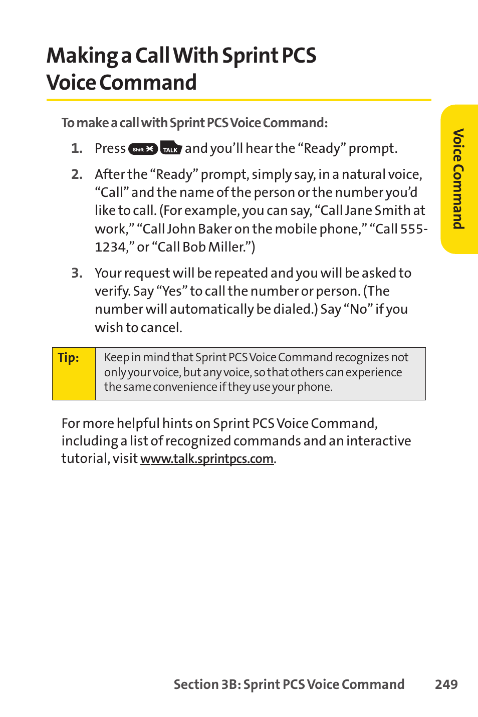 Making a call with sprint pcs voice command, Making a callwith sprint pcs voice command | Spirit M1 User Manual | Page 267 / 351